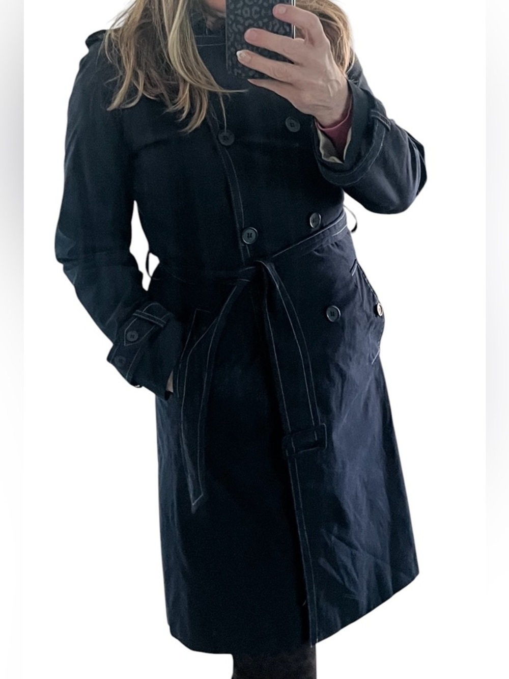 Blue Trench Coat Belted Double Breasted Classic Minimalist Preppy Fall Jacket - Picture 6 of 12
